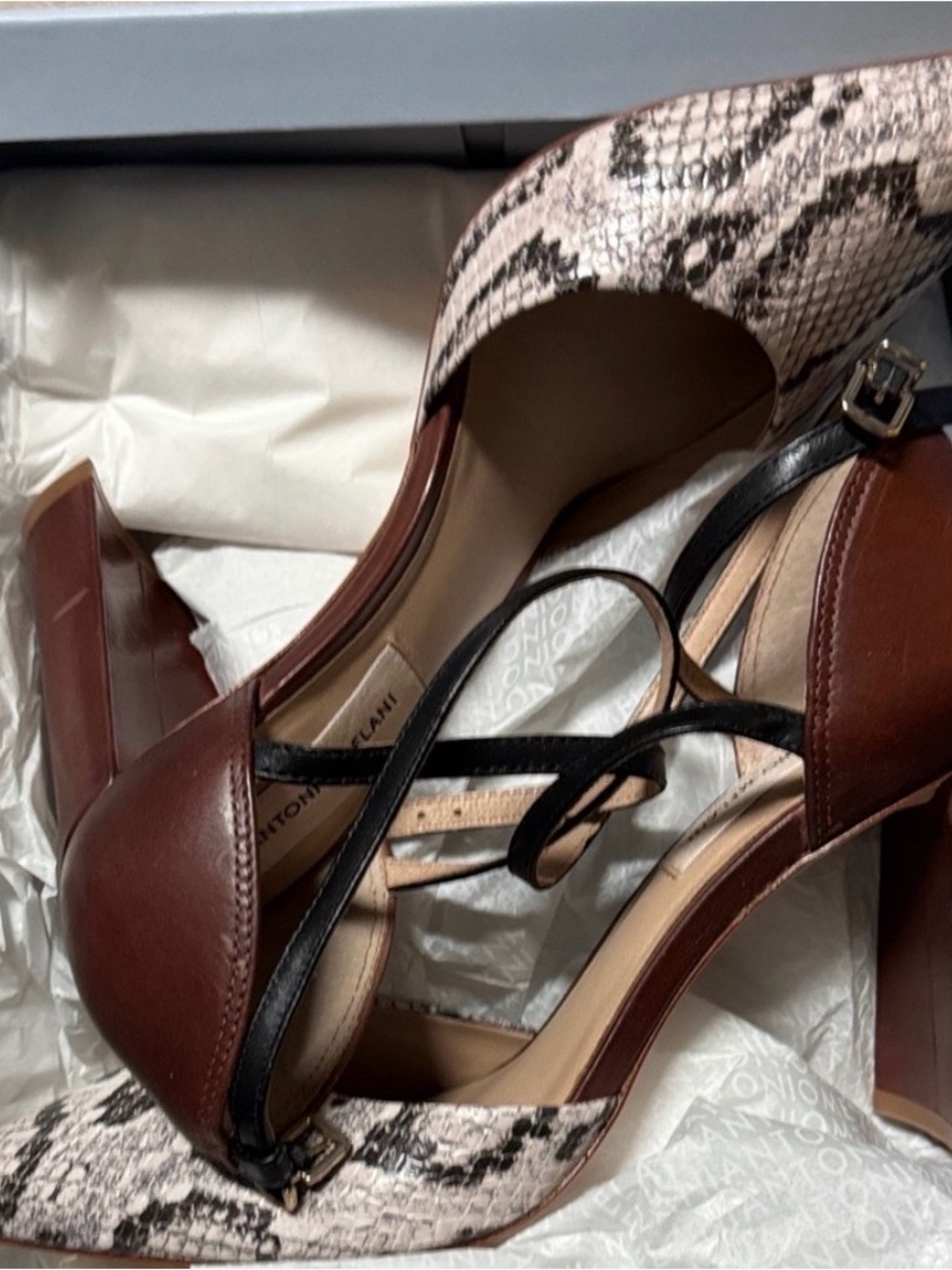ANTONIO MELANI Brown & Snake-Print Leather Block Heel Sandals